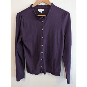 TWEEDS Cotton Cashmere Ruffle Neck Cardigan Sweater Purple M